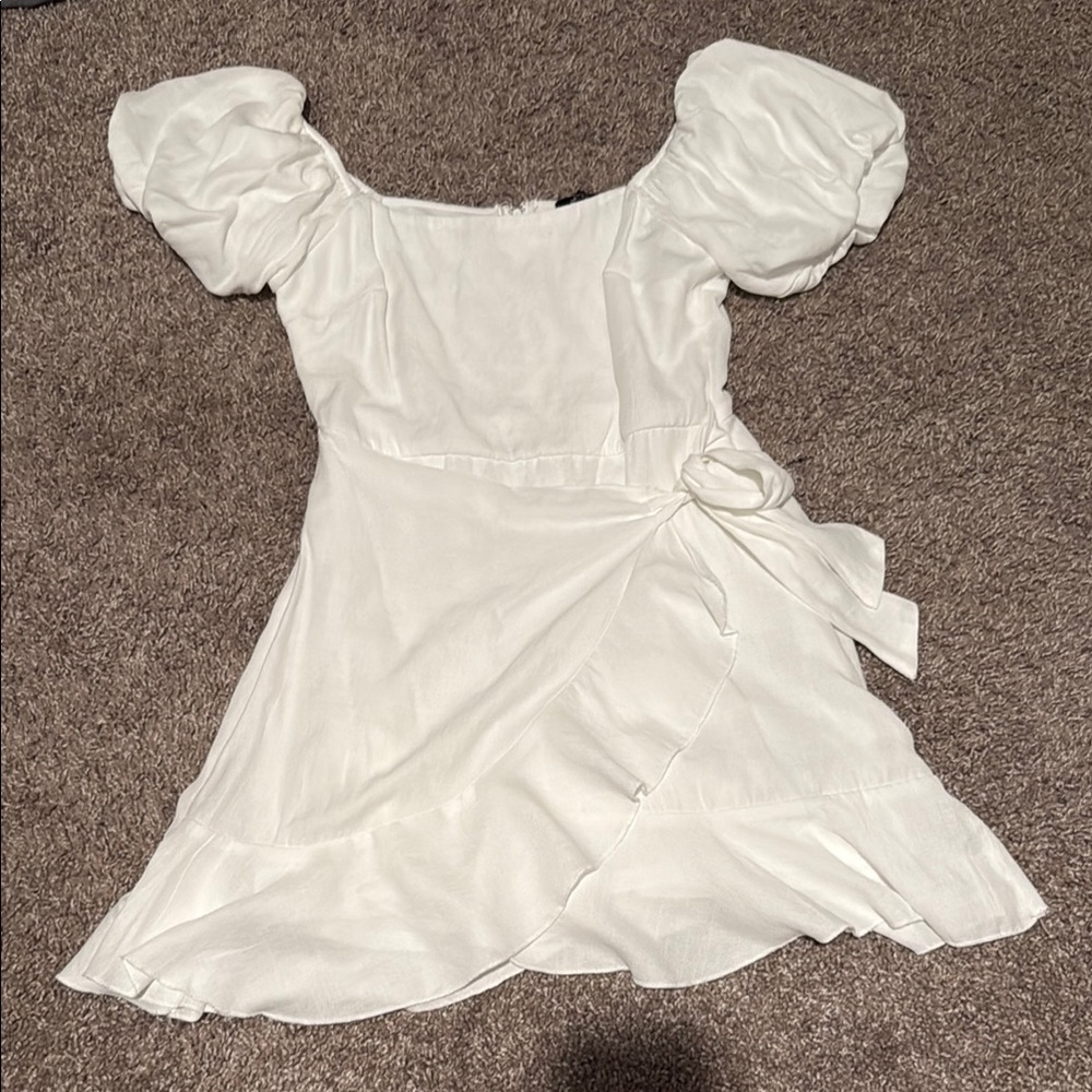 White Puff Sleeve Wrap Dress